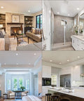 9 Pack Led Recessed Downlights Beefy Aluminum Housing in stylish living room and kitchen settings, highlighting warm white illumination.
