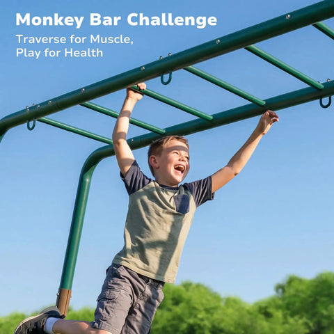 Child enjoying Backyard Swing Set Built Tough With Monkey Bars Trapeze Bar And Two Belt Swings Heavy Duty Metal Playground For Kids Outdoor Jungle Gym In Green And Brown Weather Resistant Powder Coated Steel.