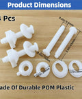 4 Pack Toilet Seat Screws Replacement Kit with nuts, washers, plastic bolts on wooden surface showing dimensions