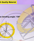 Intsuprmai 425 Ft Fiberglass Fish Tape For Electrical Conduit Wiring showing yellow fiberglass tape on a steel stand.