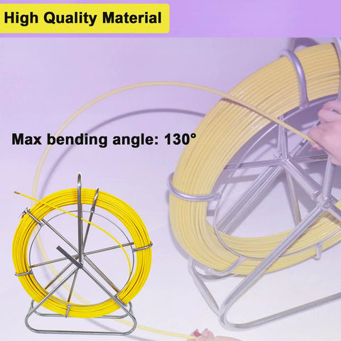 Intsuprmai 425 Ft Fiberglass Fish Tape For Electrical Conduit Wiring showing yellow fiberglass tape on a steel stand.