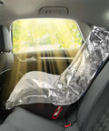 Two Pack Car Seat Sun Shade Covers For Baby And Toddler Reflective UV Sun Shield in classic silver covering car seat inside vehicle