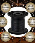 Heavy Duty 304 Stainless Steel Wire Rope Cable 7x7 Core black vinyl coated spool for string lights and clotheslines overview