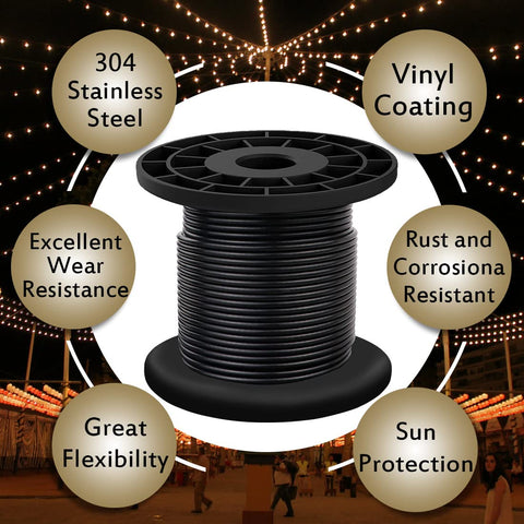 Heavy Duty 304 Stainless Steel Wire Rope Cable 7x7 Core black vinyl coated spool for string lights and clotheslines overview