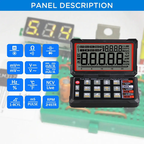 Control panel of All In One Digital Multimeter With NCV Auto Range And Live Line Detection for voltage and current tests.