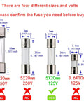 Fast-Blow Glass Fuses 5x20mm 5A 125V Pack Of 20 In Plastic Storage Case shown with size comparison and selection guide