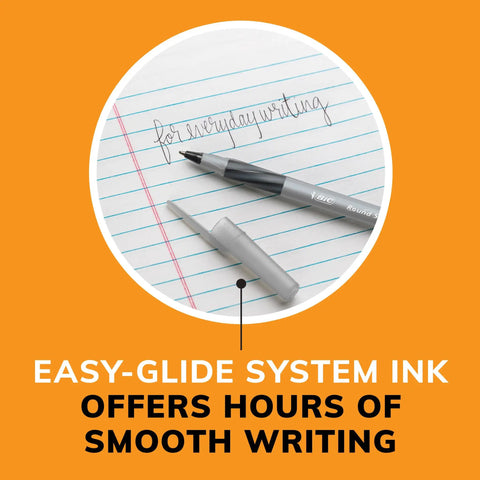 Round Stic Grip Xtra Comfort Fashion Ball Point Pen With Soft Grip For All Day Comfort And Smooth Writing 1.2mm Medium Point Great For Home School Office Purple Ink 12 Pack shown writing on lined paper