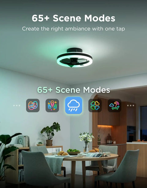 Twenty Inch Flush Mount Ceiling Fan With Killer RGBIC SmartApp LED Lighting in a modern dining room setting.