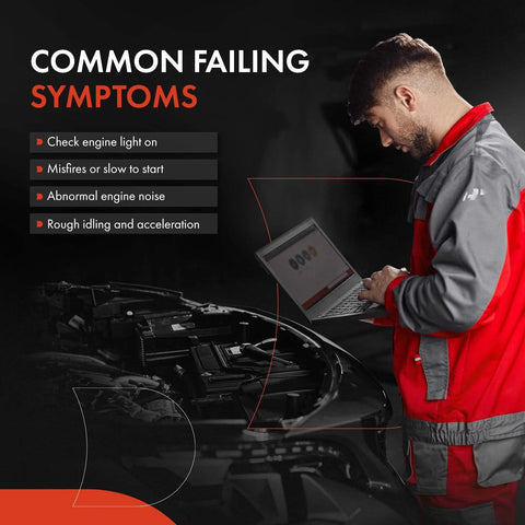 Side view of automotive technician using a laptop beside a car engine bay for VVT camshaft adjuster diagnostics