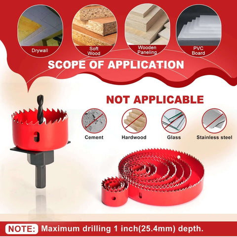 ANGELSWORD 24-piece hole saw set with pilot bit, red double-ground blades; 3/4–6 in (19–152 mm) for drywall, soft wood, plywood, plastic, PVC