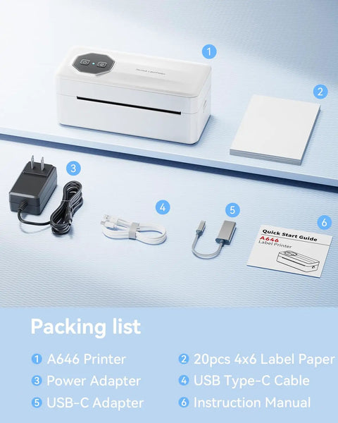 Bluetooth Thermal Label Printer For Small Biz 4x6 Wireless Label Printer packaging with power adapter, USB cables, and manual.