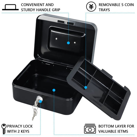 Open Medium Metal Cash Box With Removable Money Tray And Dual Key Lock Portable Steel Safe Cash Drawer With Handle Includes 2 Keys Great For Home Office Or On The Go Dimensions 7.87 By 6.30 By 3.54 Inches Black showing compartments and keys