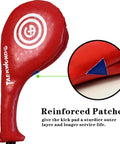 Kick Pads For Sparring And Training Durable Leather Upgrade Beefed Up Elasticity Foam Kickboxing Gear, red pad with patch detail
