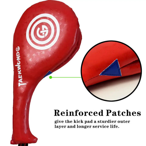 Kick Pads For Sparring And Training Durable Leather Upgrade Beefed Up Elasticity Foam Kickboxing Gear, red pad with patch detail