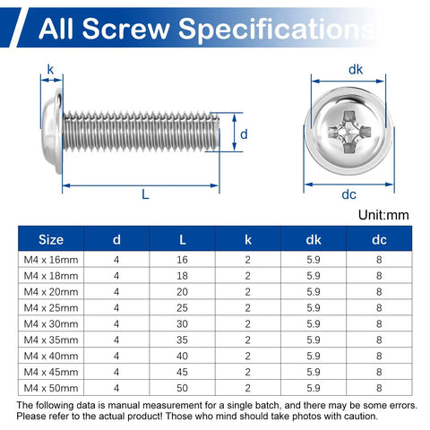 Specifications chart for 125Pcs Cabinet Screws And Drawer Knobs Kit With M4 Machine Screws Assortment, size details included.