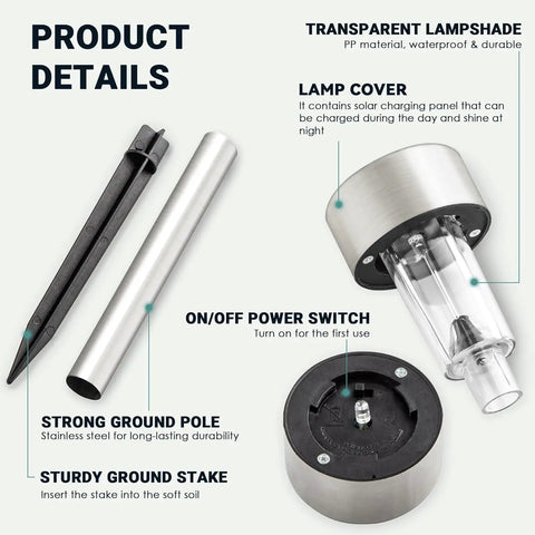 Sun Powered Solar Pathway Lights Outdoor Waterproof Stainless Steel LED Garden Lights components and features.