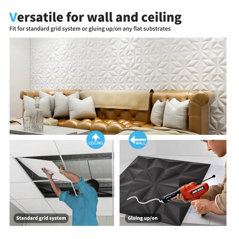 Black Diamond 3D Wall Panels Pack Of 12 Tiles 32 Sq Ft Dope Matte Black PVC Decor being installed; versatile for wall and ceiling use
