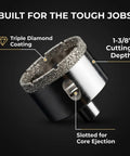 Diamond Hole Saw Set For Tile Glass Porcelain Granite 5 Piece Kit showing diamond coating, 1-3/8 inch depth, and core ejection slot.