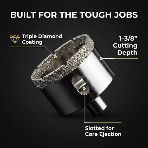 Diamond Hole Saw Set For Tile Glass Porcelain Granite 5 Piece Kit showing diamond coating, 1-3/8 inch depth, and core ejection slot.