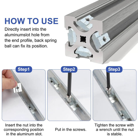 Installation steps for M6 Sliding T Nuts For 3030 Aluminum Extrusion 30 Pieces Hammer Head Drop In Nuts 8 mm T Slot.