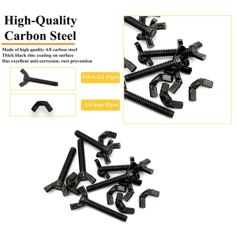 15 Sets 1/4-20 Wing Head Screws Bolts And Wing Nuts Kit with Butterfly Screws, Black Zinc Plated Hardware in display showing screws and nuts
