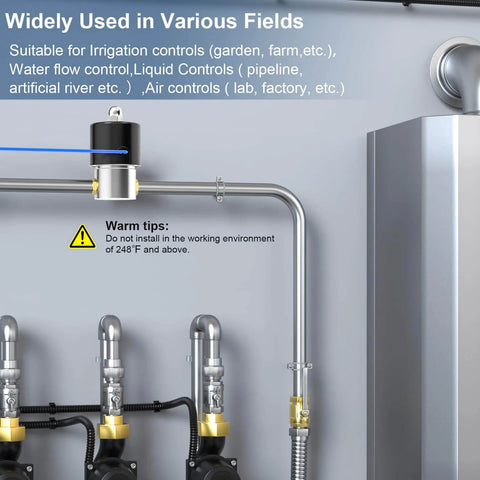 Quarter Inch NPT 304 Stainless Steel Electric Solenoid Valve Normally Closed For Water Air Diesel 110V AC shown in pipeline setup