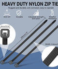 8 Inch Heavy Duty Zip Ties 200 Pack Black Nylon Cable Ties With 50 Lbs Strength Industrial Grade Wire Wraps For Garage And Workshop Built To Take A Beating Heat And Cold Resistant Durable Fixes For Cables Tools And Projects, showing dimensions and features like weather resistance and durability.