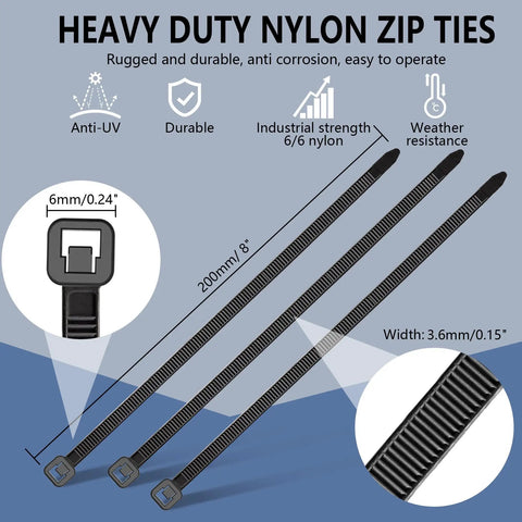 8 Inch Heavy Duty Zip Ties 200 Pack Black Nylon Cable Ties With 50 Lbs Strength Industrial Grade Wire Wraps For Garage And Workshop Built To Take A Beating Heat And Cold Resistant Durable Fixes For Cables Tools And Projects, showing dimensions and features like weather resistance and durability.