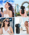 Collage featuring Go-To Ultra Portable Personal Mini Fan With Lanyard USB Rechargeable 100 Speed Turbo Cooling Pocket Size in use by people outdoors and indoors.