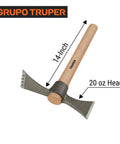 All Purpose Mattock Axe Tool With Twenty Ounce Forged 5160 Chrome Steel Head And Fourteen Inch Wood Handle Features Dual Function Pick And Hoe Design With A Three Eighths Inch Chisel For Efficient Landscaping And Gardening Tasks.