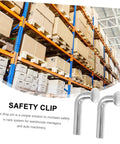 Dang Solid Heavy Duty Pallet Rack J Bolt Safety Pins 100 Pack shown with warehouse shelving for secure storage use.