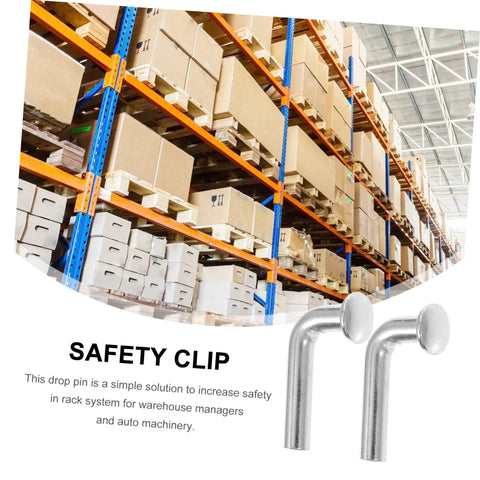 Dang Solid Heavy Duty Pallet Rack J Bolt Safety Pins 100 Pack shown with warehouse shelving for secure storage use.