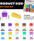 120 Piece Car Fuse Kit With Puller Tool Color Coded Fuses 35A Through 2A product sizes and packaging information