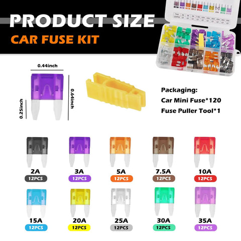 120 Piece Car Fuse Kit With Puller Tool Color Coded Fuses 35A Through 2A product sizes and packaging information
