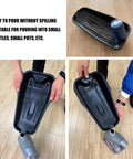 Premium Waste Oil Drain Basin For Car Repair And Motorcycle Maintenance Lightweight, black plastic pouring fluid into bottles.