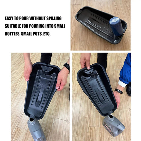 Premium Waste Oil Drain Basin For Car Repair And Motorcycle Maintenance Lightweight, black plastic pouring fluid into bottles.