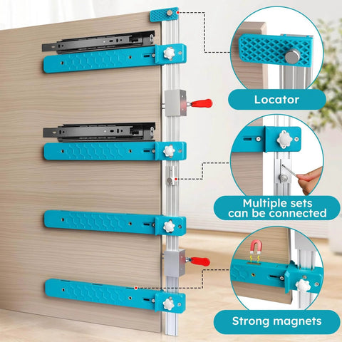 Drawer Slide Jig With Toggle Clamp And Magnetic Arm For Fast, Accurate Cabinet And Desk Installations, shown attached to wood panel