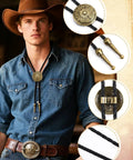 Top Shelf Bolo Tie Set 8 Piece Adjustable Western Leather Neckties With Turquoise Conchos worn by model in cowboy hat.