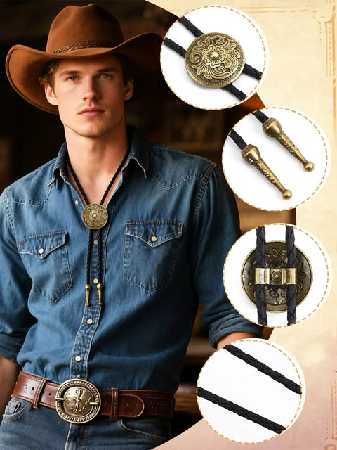 Top Shelf Bolo Tie Set 8 Piece Adjustable Western Leather Neckties With Turquoise Conchos worn by model in cowboy hat.