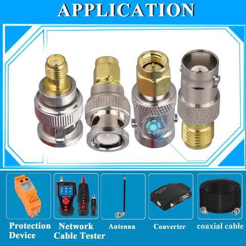 4 Pack SMA To BNC Coax Adapters All In One Kit for SDR Ham Radio Walkie Talkie, gold plated, nickel brass connectors displayed