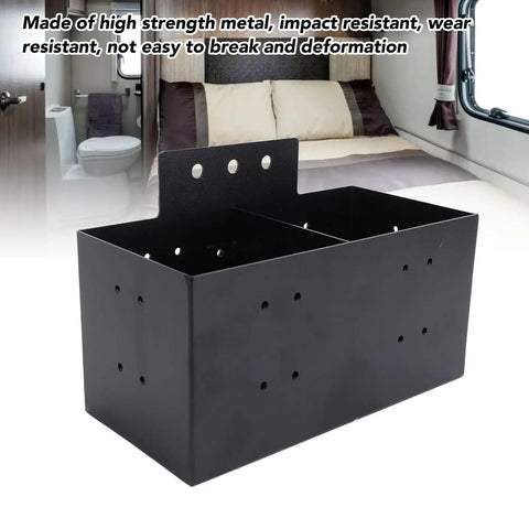 Black metal storage bin with two compartments for RV, truck, and trailer, part of Universal Heavy Duty Detachable Storage Bin With Quick Release Rail Slides For RV Camper Trailer Pickup And Boat Road Ready Hassle Free Tool Organizer Rack.