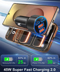 Beast Mode Ninety Watt Usb C Car Charger With Four Quick Charge Ports For Seamless IPhone Plus Samsung Galaxy Boost On Any Journey With Pd Pps Fly Wire Tech charging two smartphones on a blue background.
