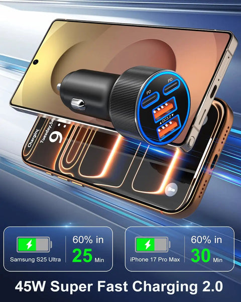 Beast Mode Ninety Watt Usb C Car Charger With Four Quick Charge Ports For Seamless IPhone Plus Samsung Galaxy Boost On Any Journey With Pd Pps Fly Wire Tech charging two smartphones on a blue background.