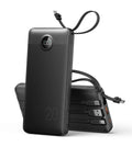 Total Game Changer Portable Charger With Four Built In Cables And Massive Twenty Thousand Mah Fast Charging Power Bank For Phones Tablets And Laptops seen from multiple angles, sleek black design, digital display.