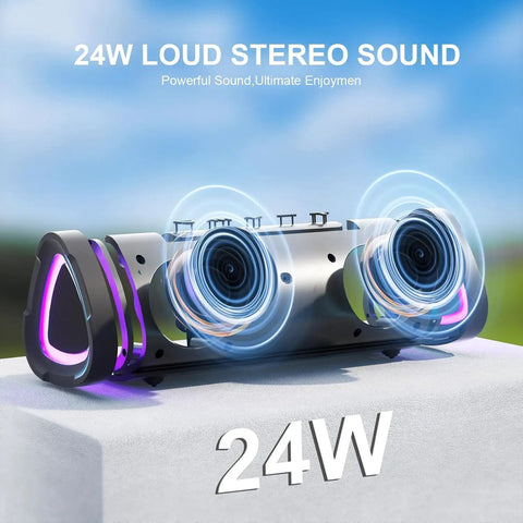 Rugged Portable Bluetooth Speaker With 24W Stereo Sound IPX7 Waterproof 24 Hour Playtime TWS Pairing Colorful RGB Lights