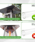 Image showing two outdoor patio heaters with different glass tube sizes. Glass Tube Replacement For Patio Heaters 49.5 Inch Tall 4 Inch Diameter fits four sided pyramid flame outdoor heaters, while a larger tube does not.