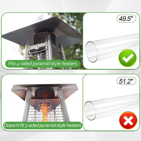 Image showing two outdoor patio heaters with different glass tube sizes. Glass Tube Replacement For Patio Heaters 49.5 Inch Tall 4 Inch Diameter fits four sided pyramid flame outdoor heaters, while a larger tube does not.