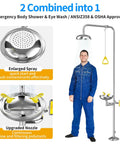 Heavy Duty Combination Emergency Eye Wash Shower Station Forged From Bonafide 304 Stainless Steel For Workplace Safety with enlarged spray.