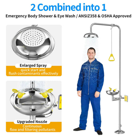 Heavy Duty Combination Emergency Eye Wash Shower Station Forged From Bonafide 304 Stainless Steel For Workplace Safety with enlarged spray.
