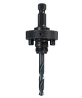 Hole saw arbor with 3/8 in shank; black metal, knurled collar, threaded end.